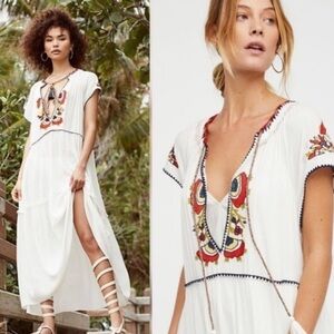 FREE PEOPLE Daisy Fields Boho Cream Gauze Embroidered Maxi Dress, Size XS